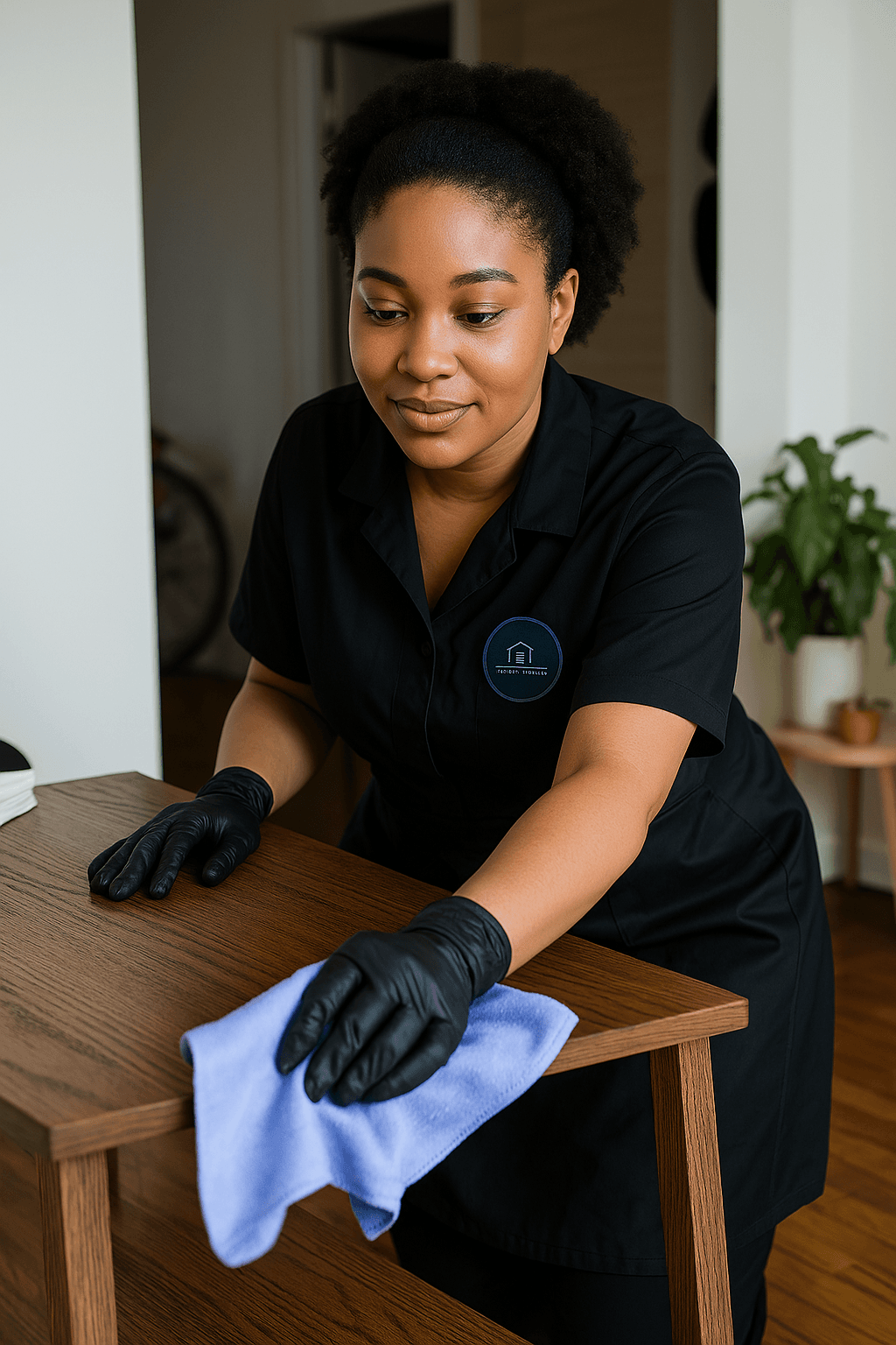 Professional house manager in CarePro uniform working in a modern home